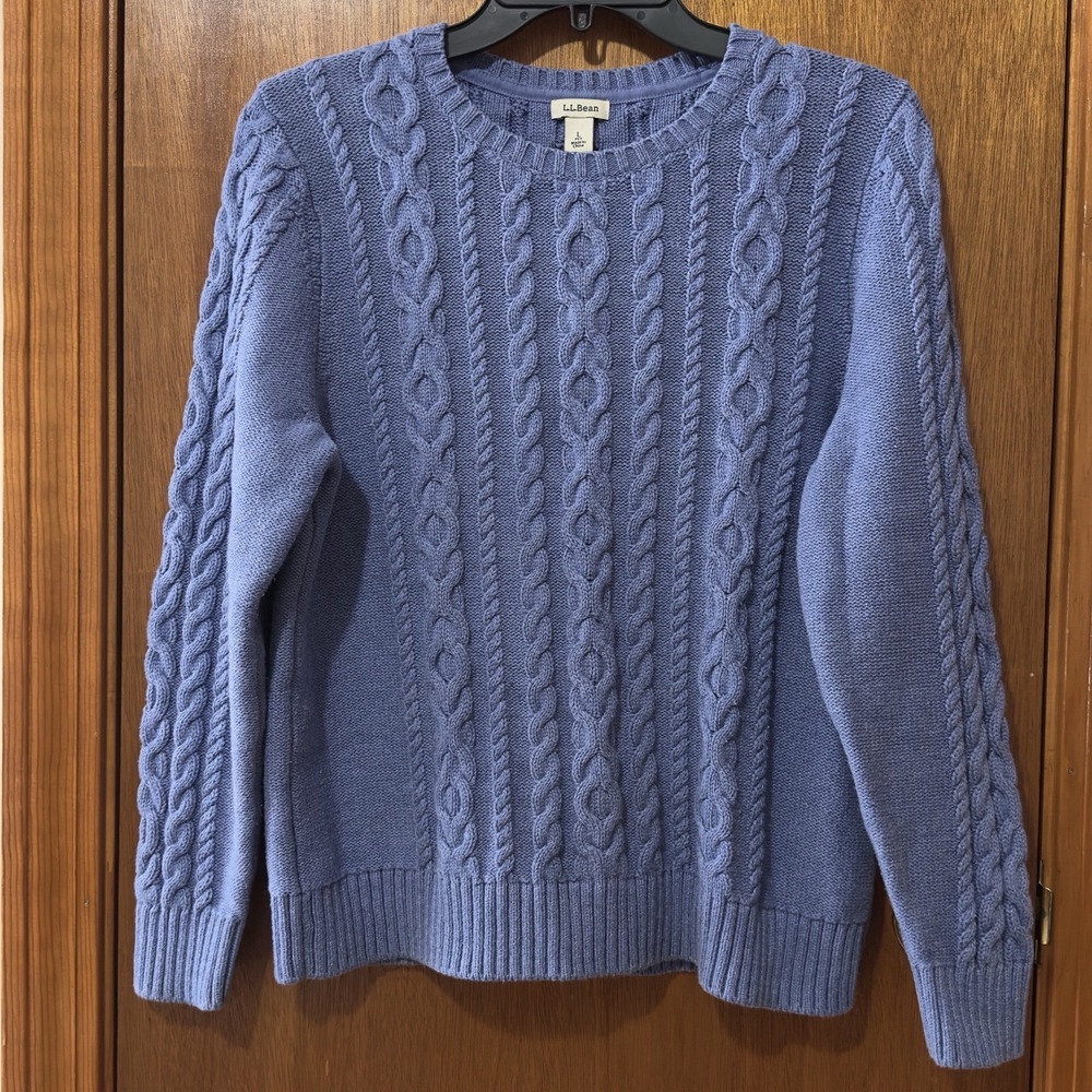 Ll Bean L Pet Blue Cotton Cable Knit Crew Neck Pullover Sweater Blue 503309